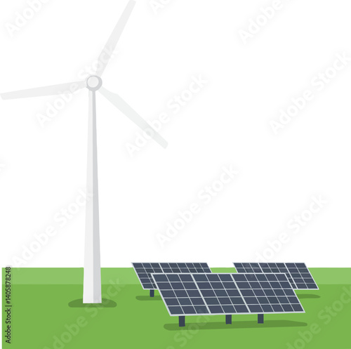 Wind turbine and solar panels in a green field showcasing minimal vector art