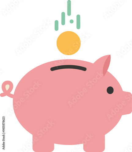 Pink piggy bank with a golden coin dropping in, flat vector art