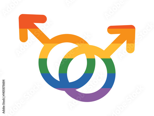 Vector lgbt illustration of two interlocked gay male gender symbols in a rainbow pattern representing LGBTQIA pride and solidarity. The arrow points emphasize masculinity.