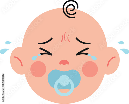 Crying baby with pacifier in flat vector art style expressing emotion and innocence