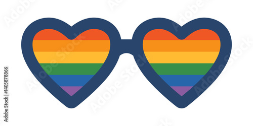 Vector illustration of heart shaped sunglasses featuring rainbow-colored lenses, symbolizing LGBT gay pride and inclusivity. Bold colors create a vibrant design.
