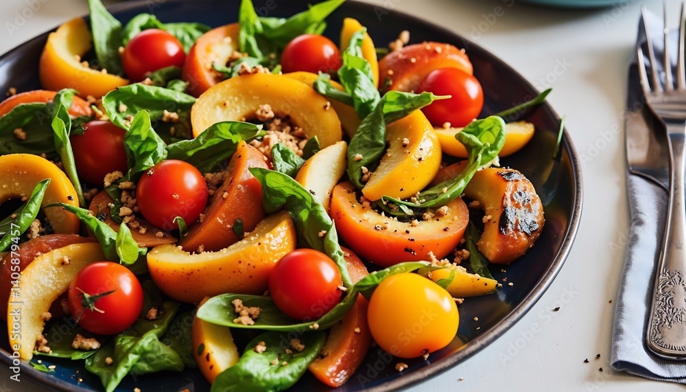 Vibrant Summer Salad: A colorful and appetizing summer salad with fresh peaches and tomatoes, accompanied by a fork and knife, ready for consumption, full of nutritional value. Vibrant Summer Salad: A colorful and appetizing summer salad with fresh peaches and tomatoes, accompanied by a fork and knife, ready for consumption, full of nutritional value.