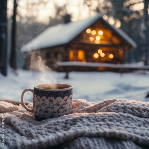 General January Themes Cozy Winter Cabin Cozy winter cabin with steaming mug and knit blanket snow outside warm lighting Image