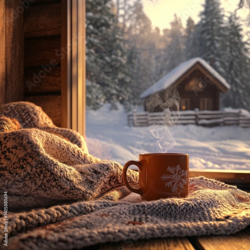 General January Themes Cozy Winter Cabin Cozy winter cabin with steaming mug and knit blanket snow outside warm lighting Image