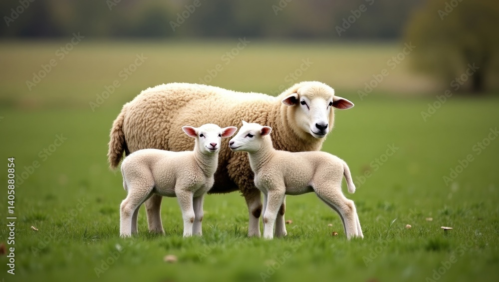 Adorable Lambs with Mother in a Lush Meadow Adorable Lambs with Mother in a Lush Meadow