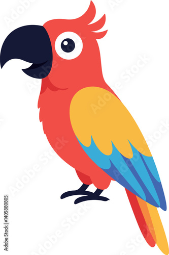 Colorful parrot perched on a branch in a flat vector art style illustration