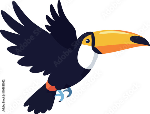 Colorful toucan in flight with vibrant wings and a large beak, flat vector art