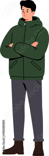 A young man standing confidently in a green puffer jacket and grey pants, minimal vector illustration