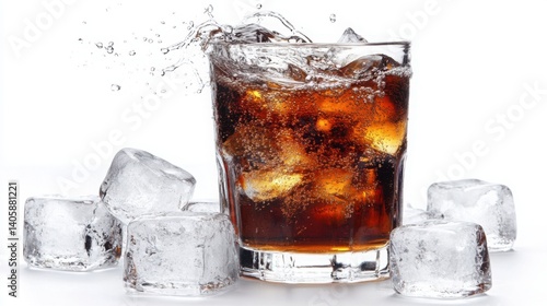 Refreshing beverage with ice cubes splashing in a glass of soda