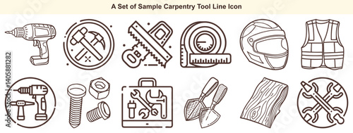 Essential Carpentry and Woodworking Tool Line Icons
