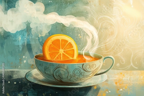 Whimsical illustration of a tea cup with a glowing sun-shaped lemon slice, surrounded by swirling steam forming clouds, symbolizing warmth in a playful and artistic style