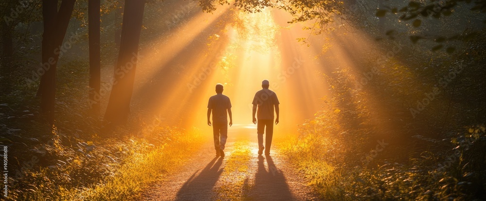 Fototapeta premium Two people walk away on a path in a sunlit forest, bathed in golden light filtering through trees