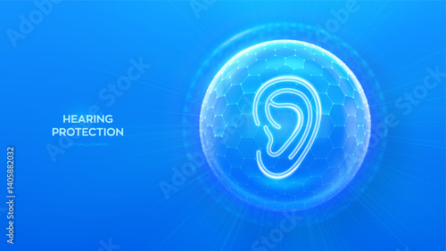 Hearing protection. Ear health. Concept of noise reduction, ear safety, and sound protection. Ear icon inside protection sphere shield with hexagon pattern on blue background. Vector illustration.