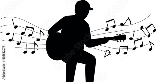 Silhouette of a musician playing guitar with flowing musical notes in minimal vector art