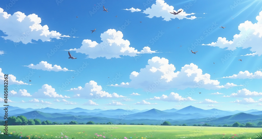 Serene Summer Meadow: A panoramic vista of a lush, verdant meadow stretches out under a cerulean sky dotted with fluffy white clouds, with a distant mountain range in the background. Serene Summer Meadow: A panoramic vista of a lush, verdant meadow stretches out under a cerulean sky dotted with fluffy white clouds, with a distant mountain range in the background.