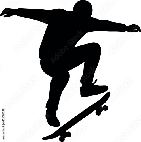 Silhouette of a skateboarder performing an airborne trick in dynamic flat vector art