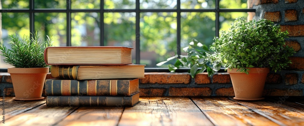 Cozy scene stacked books, potted plants near window, brick wall, and wooden surface Cozy scene stacked books, potted plants near window, brick wall, and wooden surface