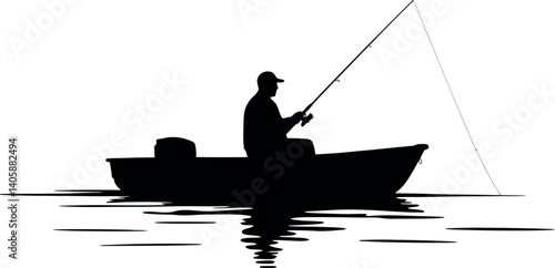 Fisherman casting a line from a small boat in a calm lake minimalist vector art