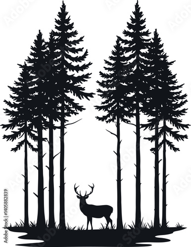 Majestic deer standing gracefully among tall pine trees in a flat vector art scene