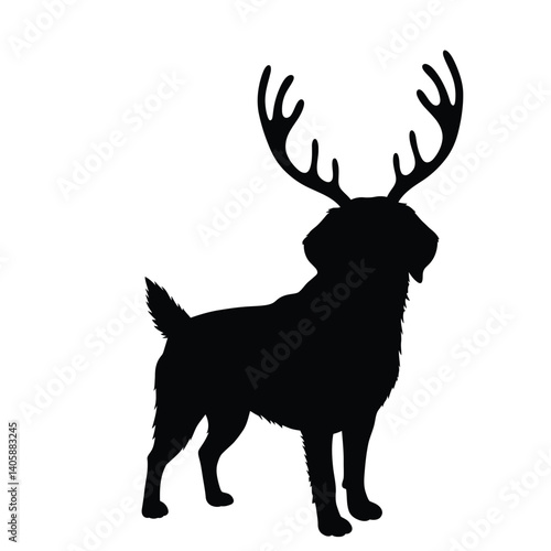 Dog Silhouette With Reindeer Antlers Festive Holiday Season Vector Graphic