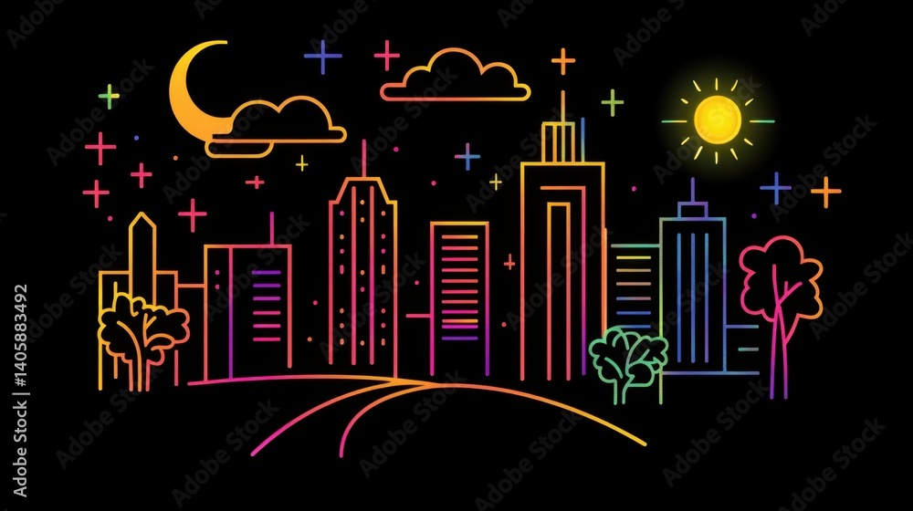 Obraz premium Night cityscape with trees and clouds