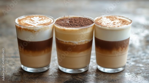 Three layered coffee drinks presented in clear glasses on a rustic table