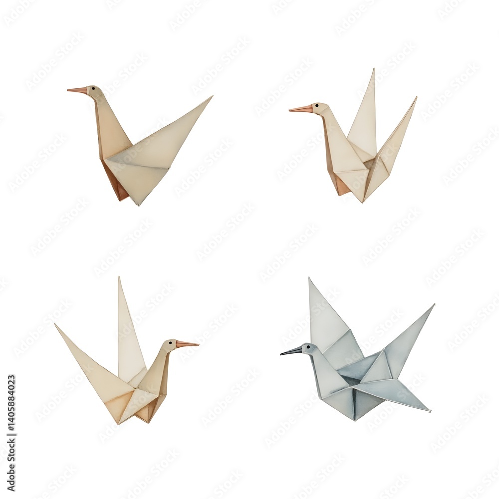 Naklejka premium Set of origami crane pigeon birds Avian Animal Peace Metaphor Symbol Wing Paper Concept Watercolor Illustration