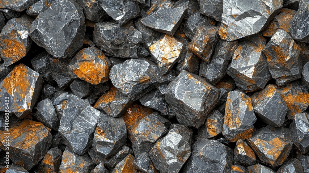 Close-up view of a pile of dark gray and orange rocks. Rough, uneven surfaces