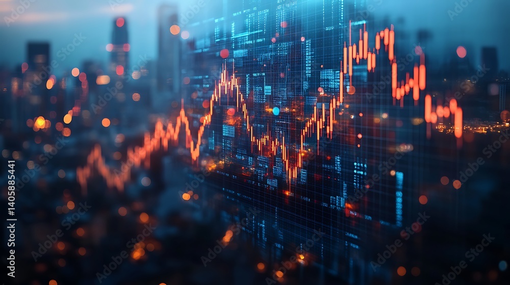 Obraz premium Stock Market Trends with City Skyline, A digital representation of a financial stock market graph with a city skyline in the background