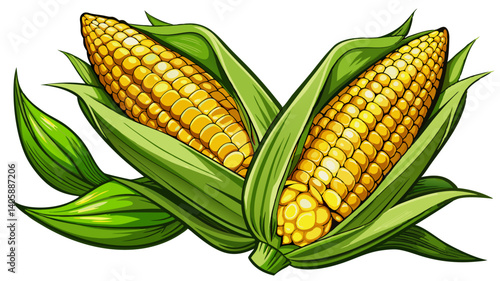 2 fresh corn ears with leaves isolated on white background