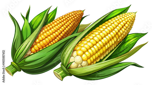 2 fresh corn ears with leaves isolated on white background