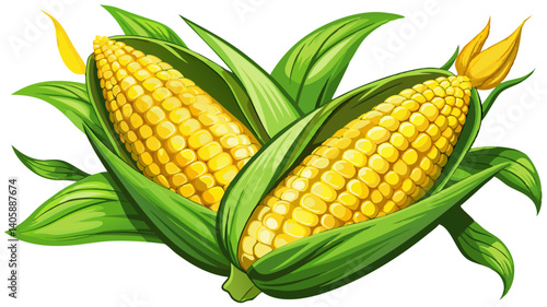 2 fresh corn ears with leaves isolated on white background
