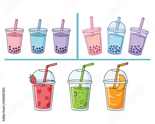 Colorful pastel bubble tea drinks in plastic cups with straws illustrated on white background representing refreshing beverages and modern cafe culture.

