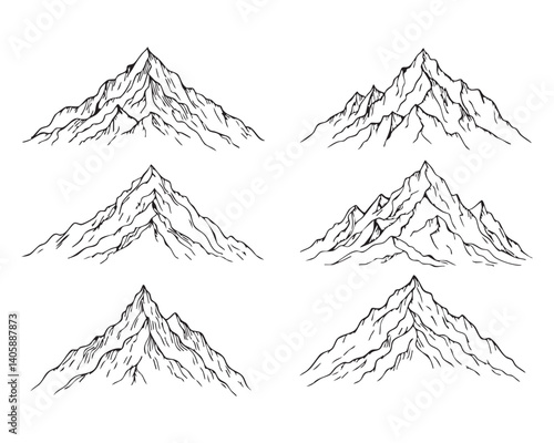 Hand-drawn mountain peaks set in black ink style on white background highlighting outdoor adventure, rugged nature, and exploration concepts.

