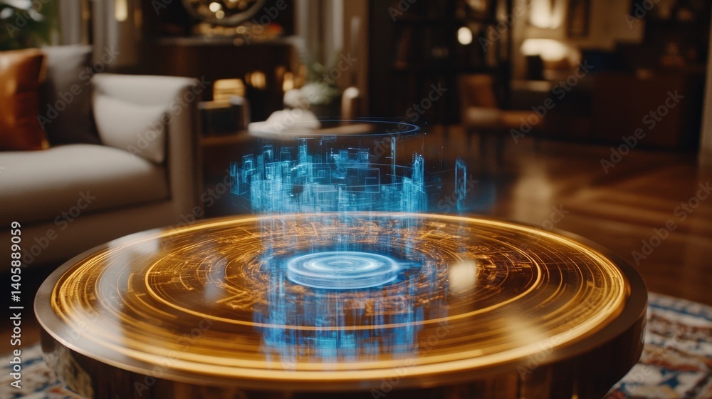 Fototapeta premium Holographic display hovering over a round coffee table.