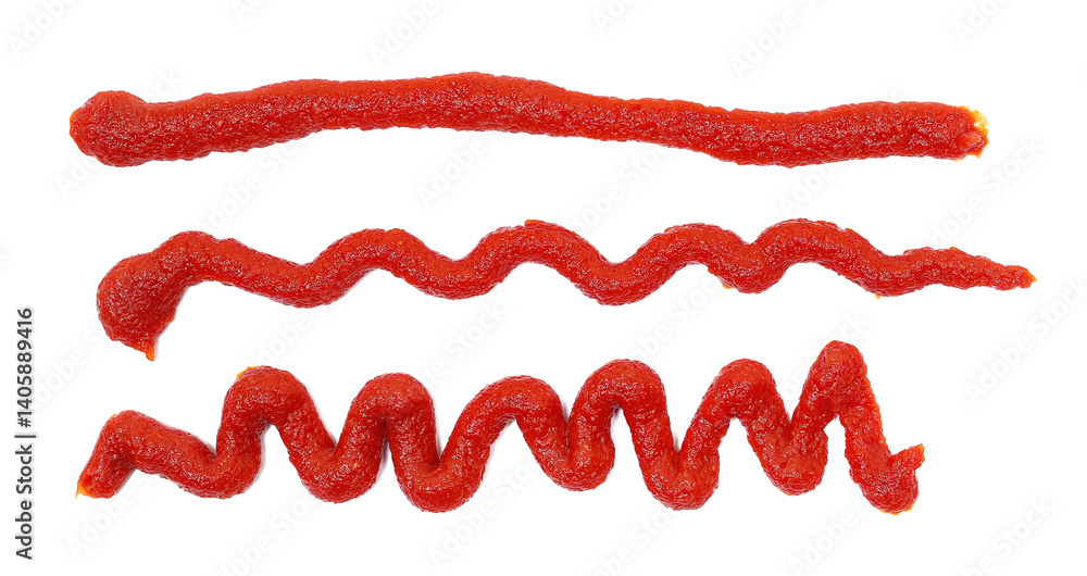 Set double concentrated tomato paste line isolated on white, top view Set double concentrated tomato paste line isolated on white, top view