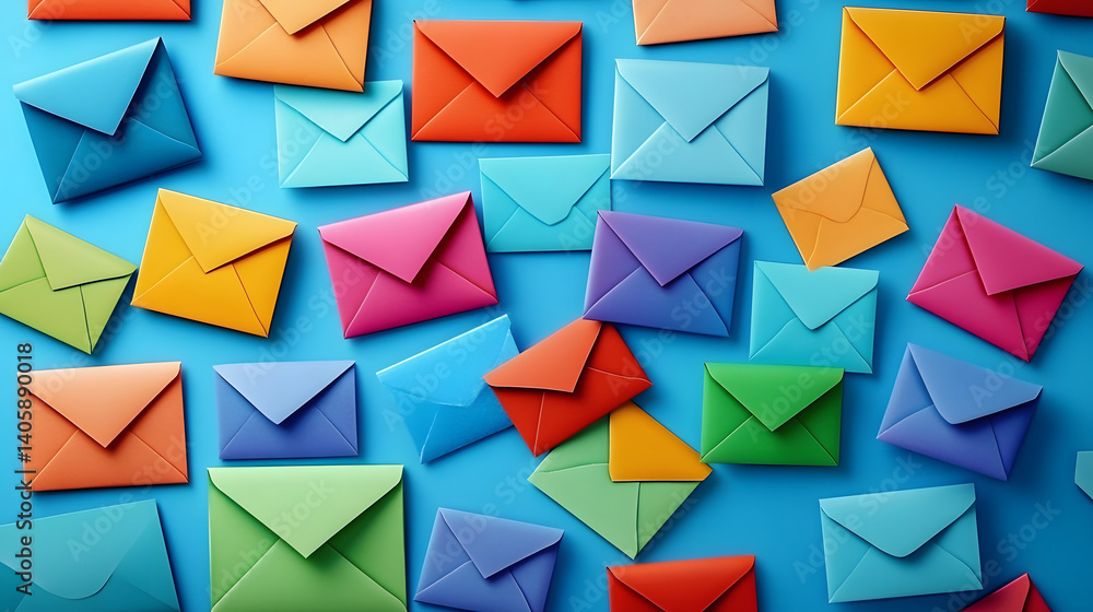 Vibrant colorful envelopes and letters scattered on a bright blue background with a subtle texture, symbolizing global connection and friendship on National Pen Pal Day. Vibrant colorful envelopes and letters scattered on a bright blue background with a subtle texture, symbolizing global connection and friendship on National Pen Pal Day.