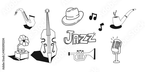 Sticker Jazz doddle set,Smooth jazz design element,Hand drawn design,Jazz music poster, card background design element