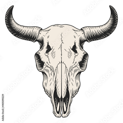 Buffalo skull, cow head bone with horns vector illustration