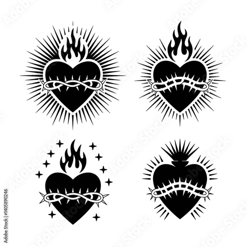 Hearts with crown of thorns and flame vector illustration