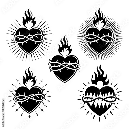 Hearts with crown of thorns and flame vector illustration