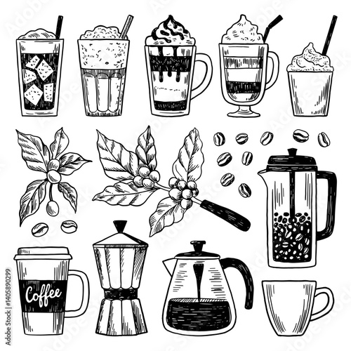 Collection of hand-drawn coffee and tea icons including pots, cups, mugs, and ingredients vector illustration