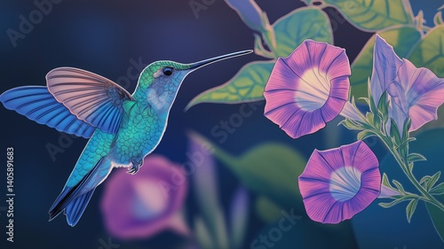 humming bird collecting honey from flowers, colourful art graphics
