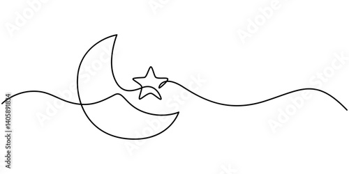 Moon with star single line art, continuous one line drawing of Isolated outline vector art, Continuous one line drawing of Crescent moon and star Ramadan isolated on white background outline vector.