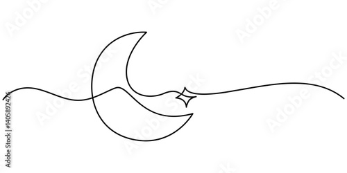 Moon with star single line art, continuous one line drawing of Isolated outline vector art, Continuous one line drawing of Crescent moon and star Ramadan isolated on white background outline vector.