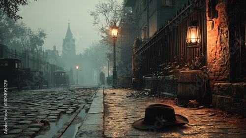 Rainy street scene with buildings lamp post and hat on the ground.