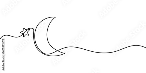 Moon with star single line art, continuous one line drawing of Isolated outline vector art, Continuous one line drawing of Crescent moon and star Ramadan isolated on white background outline vector.