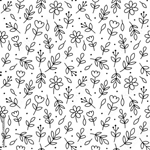 Botanical Line Art Doodles Seamless Pattern