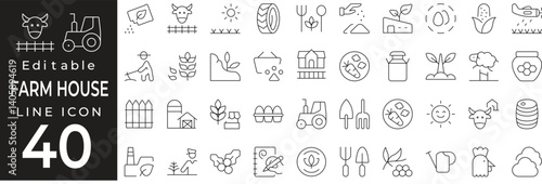 Farmhouse set of web icons in line style. Iconic collection of barn, tractor, livestock, crops, garden, silo, farming, harvest, animal, and rural landscape. Editable stroke.