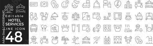 Hotel Business set of web icons in line style. Iconic collection of hotel, reception, room service, booking, check-in, bed, elevator, guesthouse, luggage, and amenities. Editable stroke.